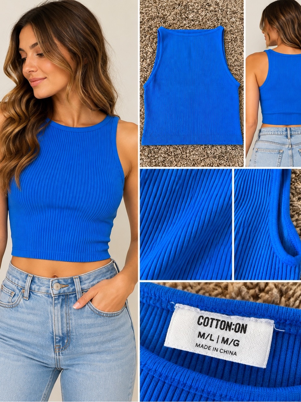 Cotton On Bright Blue Ribbed Crop Tank Top